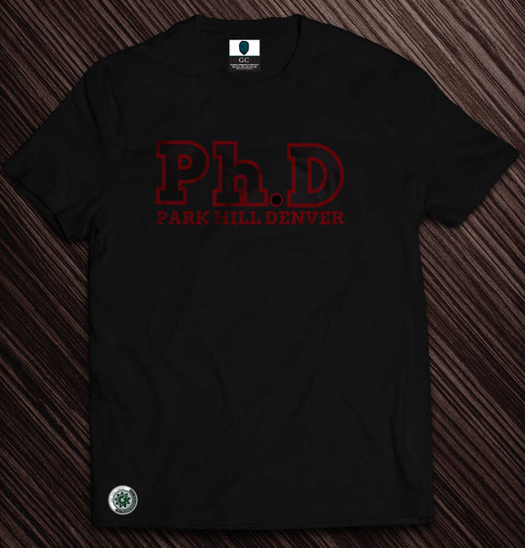Black Ph.D tee with red font
