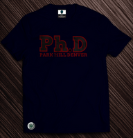 Navy Blue Ph.D tee with red font