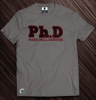 Gray Ph.D tee with red font
