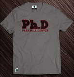 Gray Ph.D tee with red font