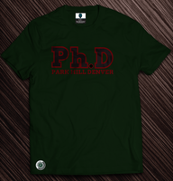 Green Ph.D tee with red font