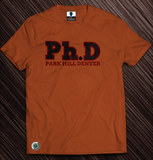 Orange Ph.D tee with red font